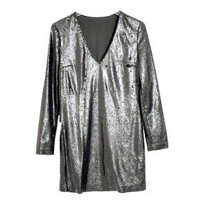 Halogen Black Sequin Dress V Neck Sleeveless Shift Cocktail Dress SZ M New